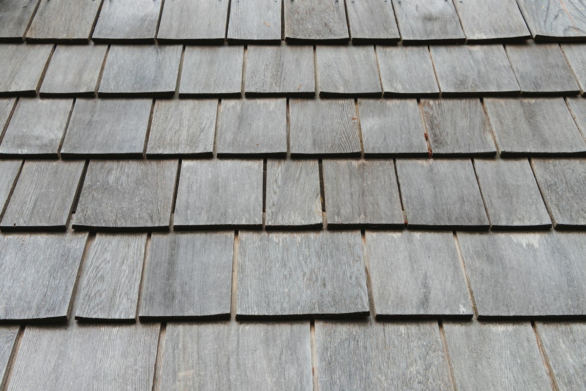 Close-up of weathered grey timber shingles