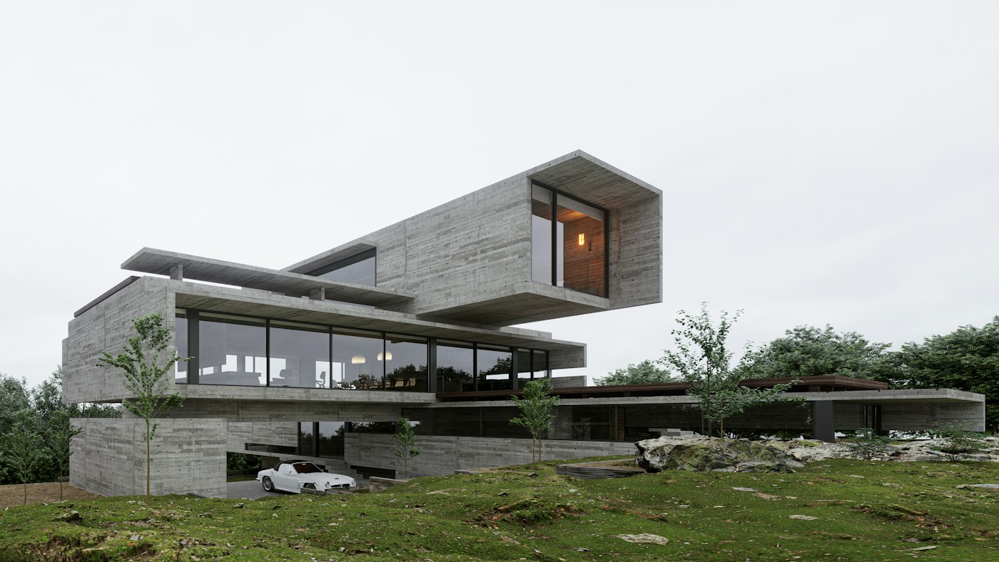 Cantilevered modern house with a flat roof